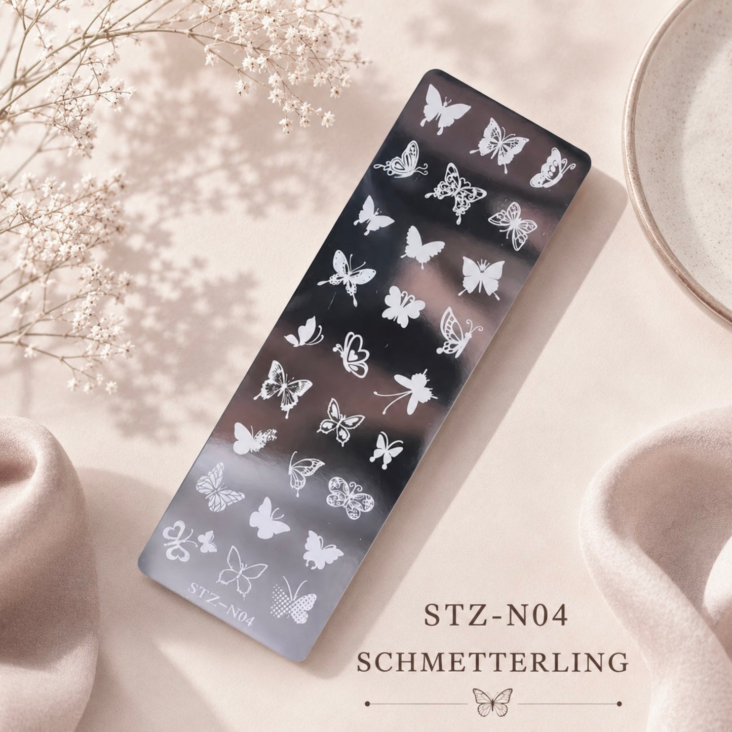 🦋 Stempelplatte Schmetterlinge für Nail Art – Edelstahl Designschablone