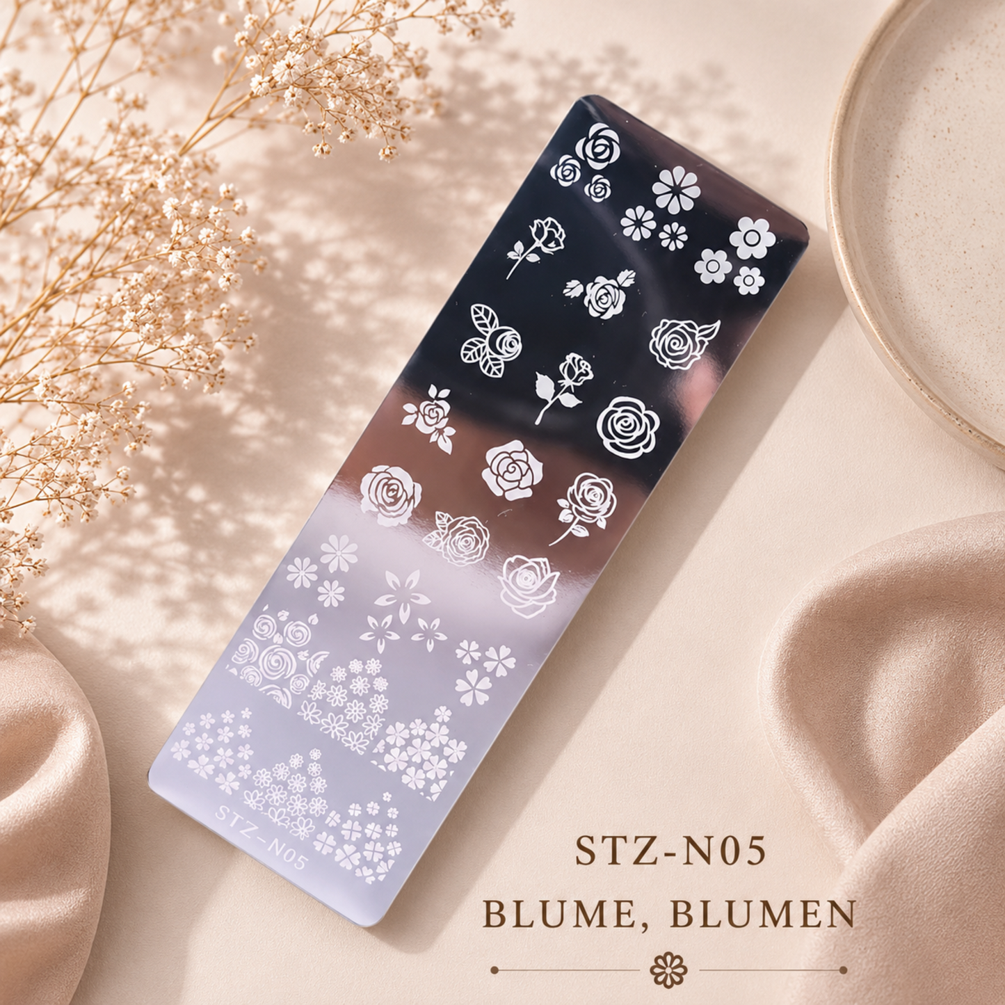 🌺 Stempelplatte Blüten für Nail Art – Edelstahl Designschablone