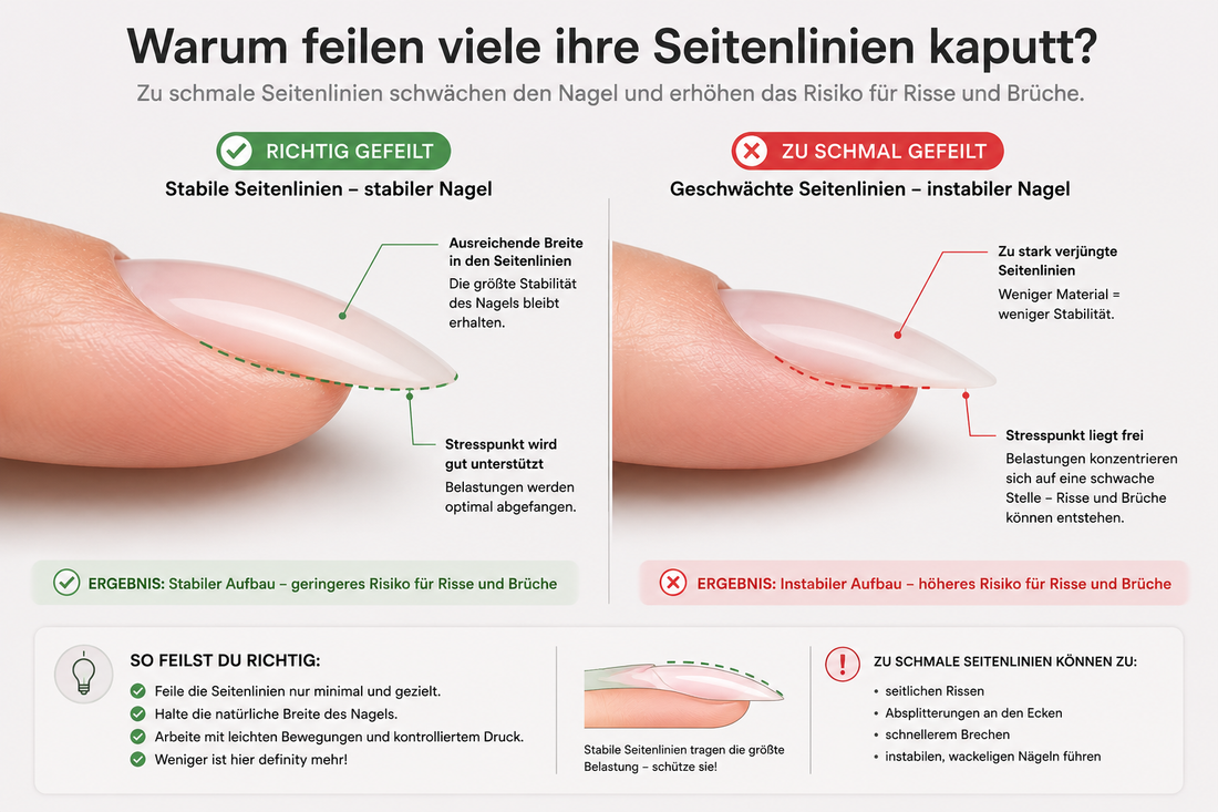 Infografik zum richtigen Feilen der Seitenlinien beim Dipping Powder. Vergleich zwischen stabilen und zu schmal gefeilen Seitenlinien mit Erklärung zu Stabilität, Stresspunkt und Bruchrisiko.