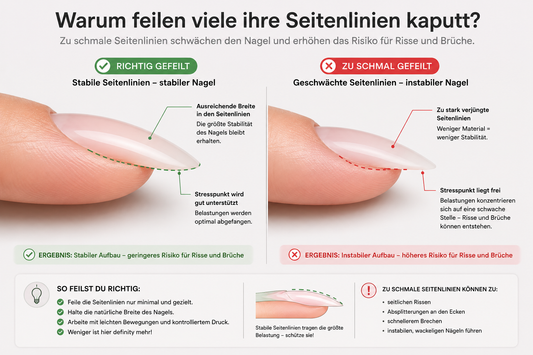 Infografik zum richtigen Feilen der Seitenlinien beim Dipping Powder. Vergleich zwischen stabilen und zu schmal gefeilen Seitenlinien mit Erklärung zu Stabilität, Stresspunkt und Bruchrisiko.