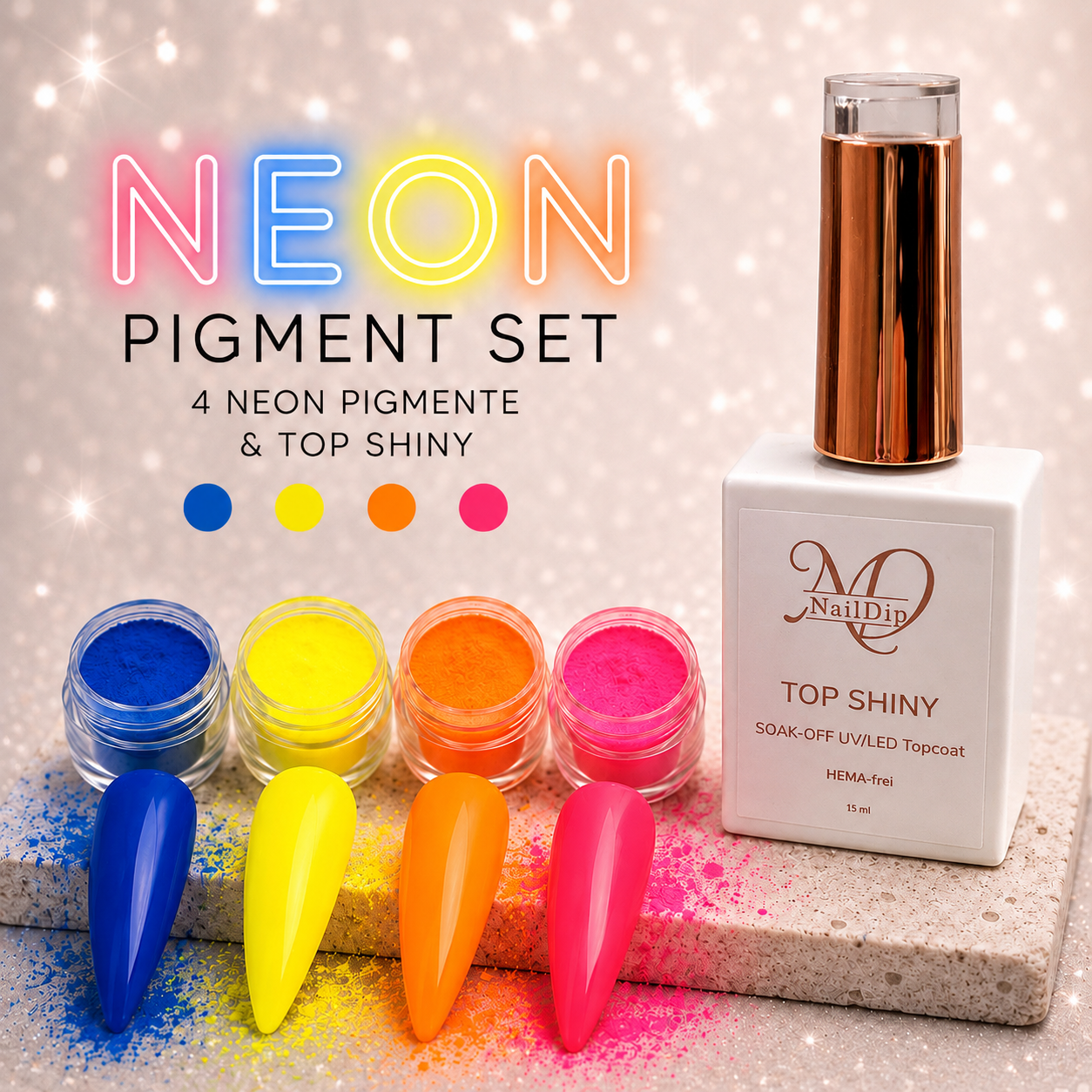 Neon Pigment Set – 4 Neonfarben + Clear Powder / Iced Porcelain Gel Polish